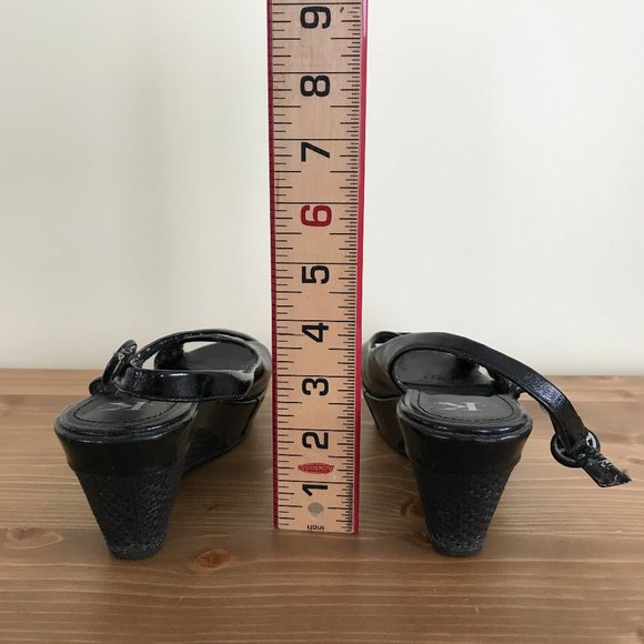 Studio K Platform Peeptoe Slingback Wedge Heels Black Patent Fabric - Picture 5 of 7